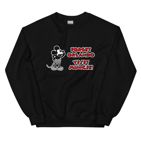 A mockup of the Forget Orlando Visit Muncie Steamboat Willie Crewneck