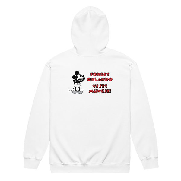 A mockup of the Forget Orlando Visit Muncie Steamboat Willie Zipping Hoodie