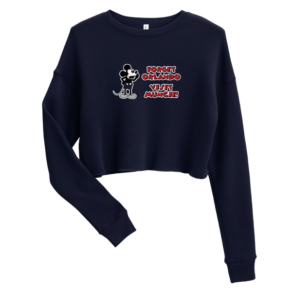 A mockup of the Forget Orlando Visit Muncie Steamboat Willie Ladies Cropped Crewneck