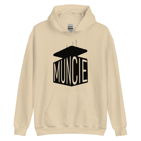 A mockup of the AT&T Building Shape Muncie Hoodie