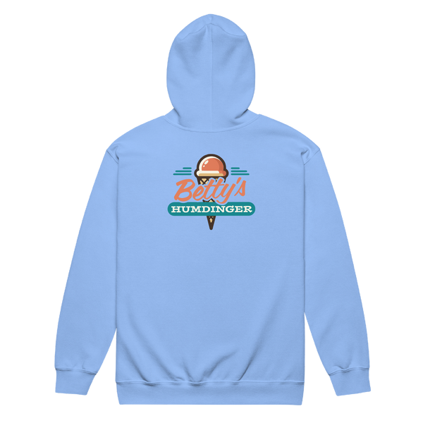 A mockup of the Betty's Humdinger Ice Cream Zipping Hoodie