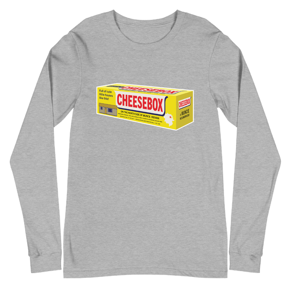 A mockup of the Cheesebox Velveeta Parody Long Sleeve Tee