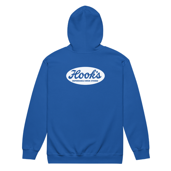 A mockup of the Hook's Dependable Drug Stores Zipping Hoodie