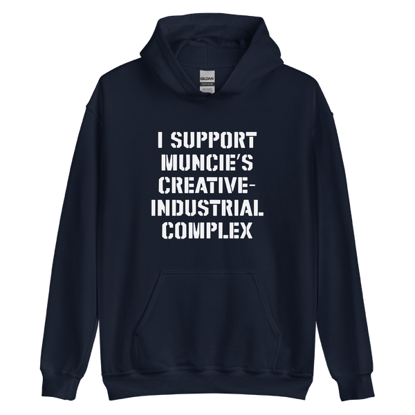 A mockup of the I Support Muncie's Creative-Industrial Complex Hoodie