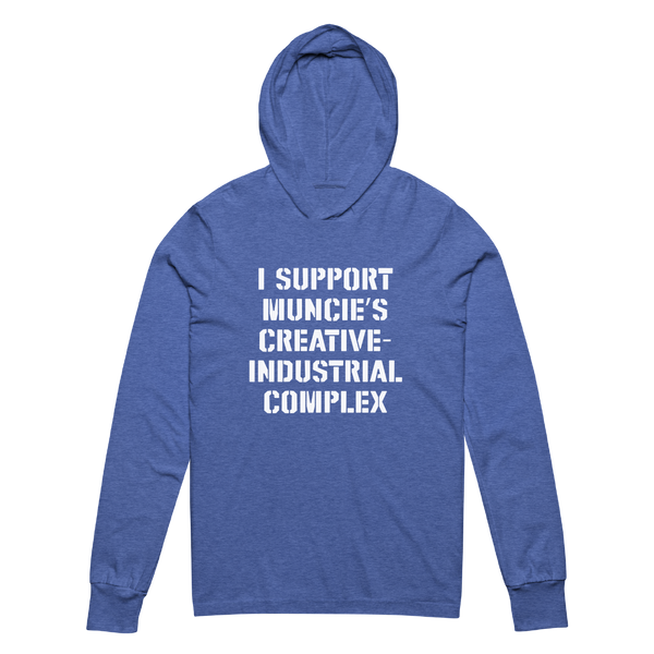 A mockup of the I Support Muncie's Creative-Industrial Complex Hooded Tee