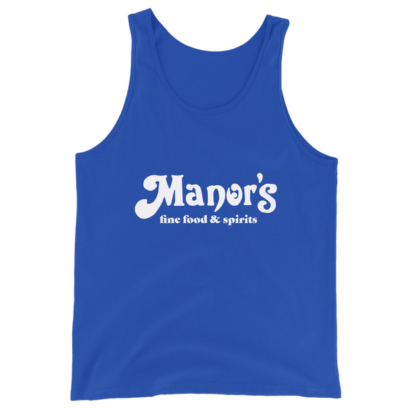 A mockup of the Manor's Fine Food & Spirits Tank Top