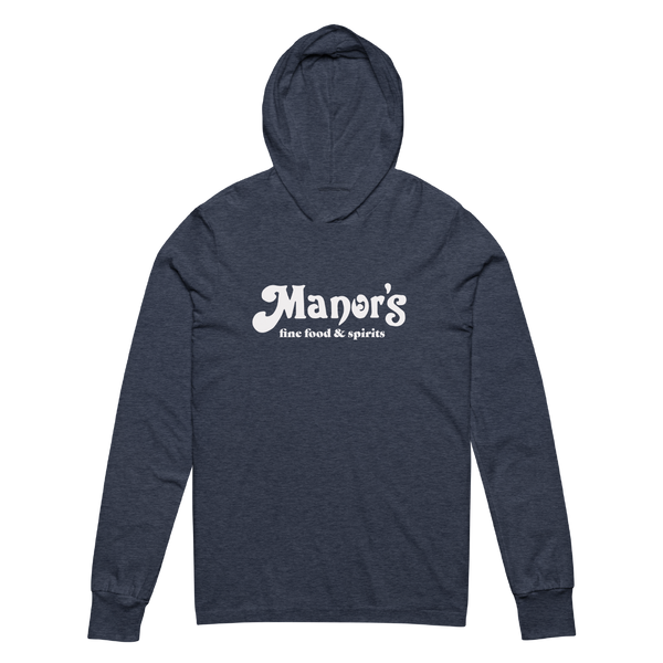 A mockup of the Manor's Fine Food & Spirits Hooded Tee