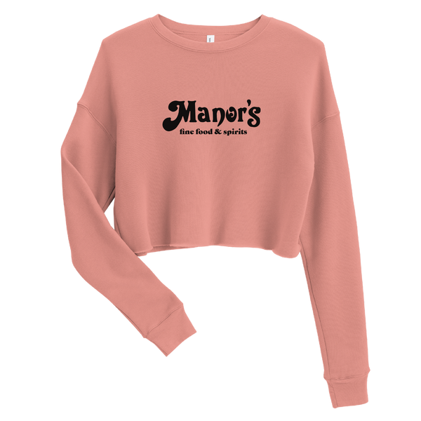 A mockup of the Manor's Fine Food & Spirits Ladies Cropped Crewneck