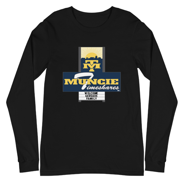 A mockup of the Muncie Timeshares Jerry Gergich Long Sleeve Tee