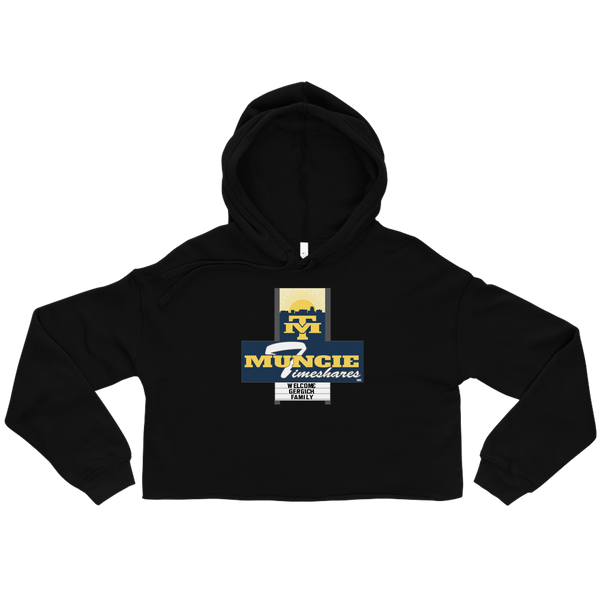 A mockup of the Muncie Timeshares Jerry Gergich Ladies Cropped Hoodie