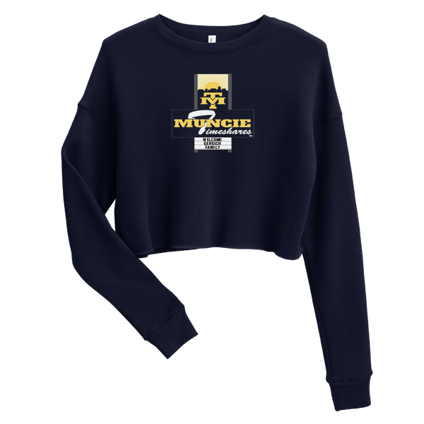 A mockup of the Muncie Timeshares Jerry Gergich Ladies Cropped Crewneck