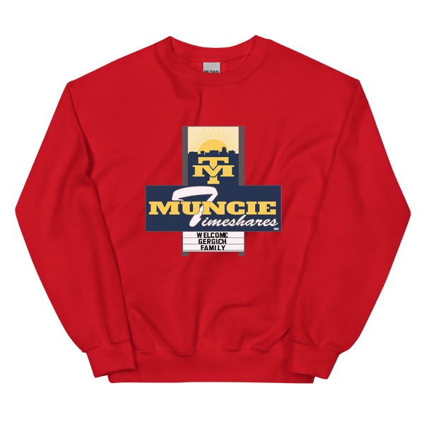 A mockup of the Muncie Timeshares Jerry Gergich Crewneck