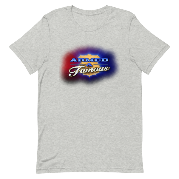 A mockup of the Armed & Famous TV Show T-Shirt