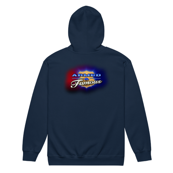 A mockup of the Armed & Famous TV Show Zipping Hoodie