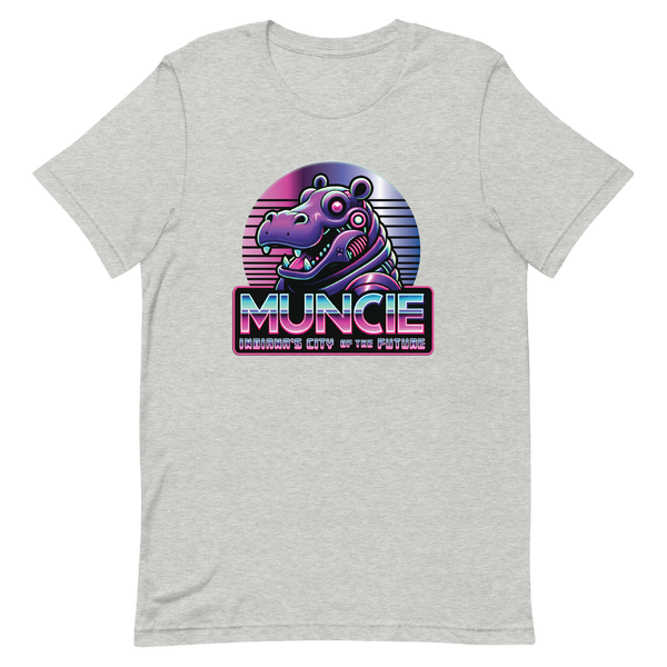 A mockup of the Purple Hippo Robot Muncie City of the Future T-Shirt