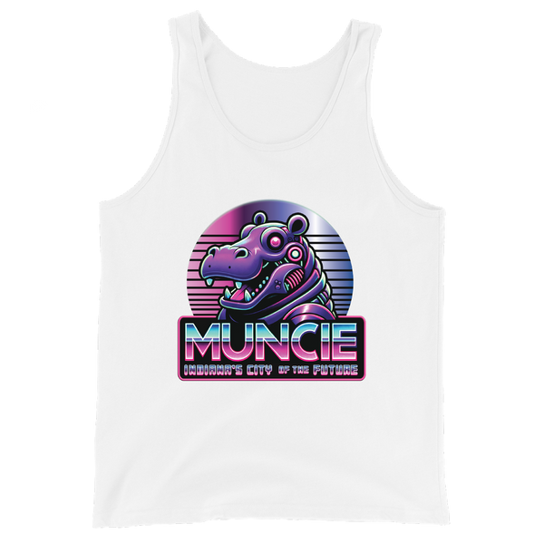 A mockup of the Purple Hippo Robot Muncie City of the Future Tank Top