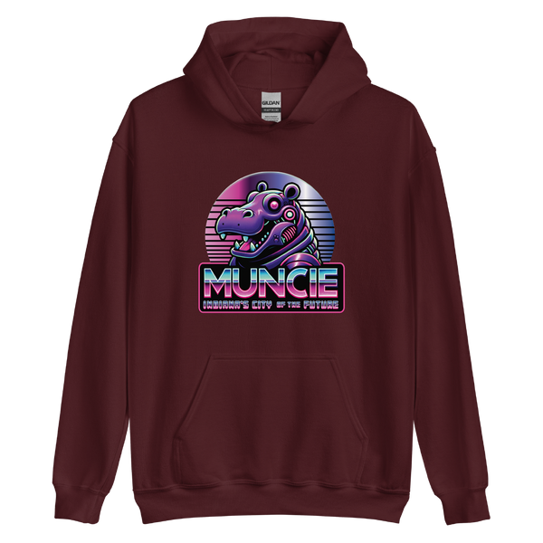 A mockup of the Purple Hippo Robot Muncie City of the Future Hoodie