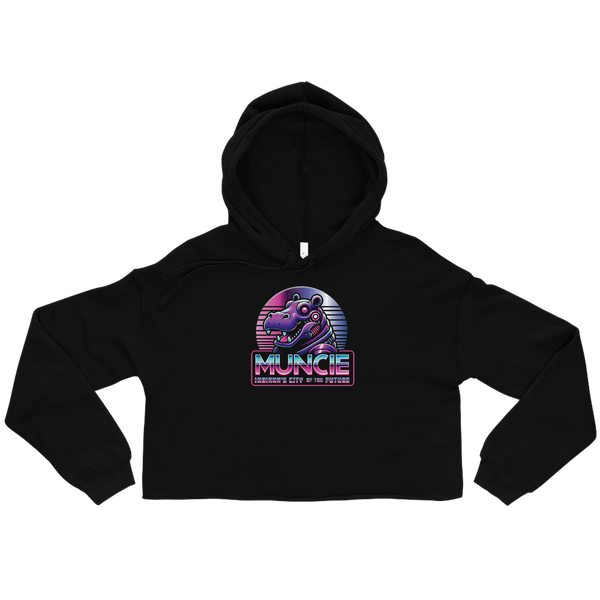 A mockup of the Purple Hippo Robot Muncie City of the Future Ladies Cropped Hoodie