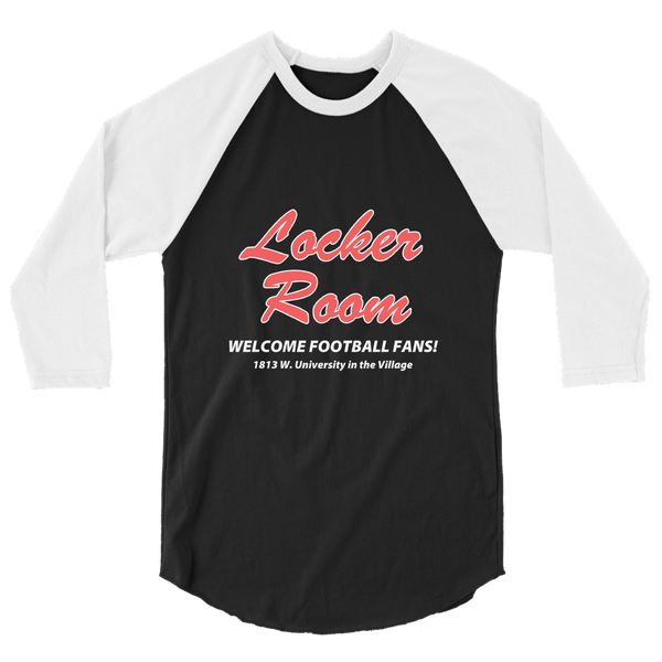 A mockup of the Locker Room Village Bar Raglan 3/4 Sleeve