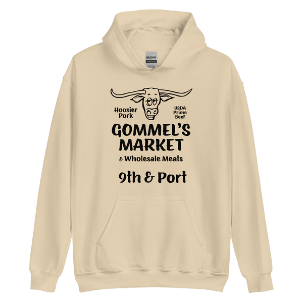 A mockup of the Gommel's Market Hoodie