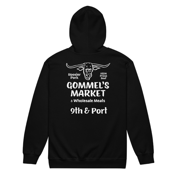 A mockup of the Gommel's Market Zipping Hoodie