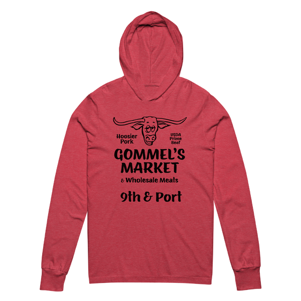 A mockup of the Gommel's Market Hooded Tee
