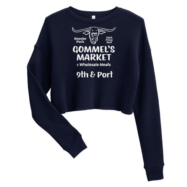 A mockup of the Gommel's Market Ladies Cropped Crewneck