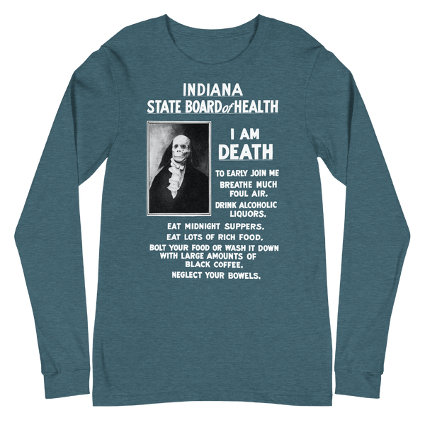A mockup of the I am Death Indiana Board of Health Long Sleeve Tee