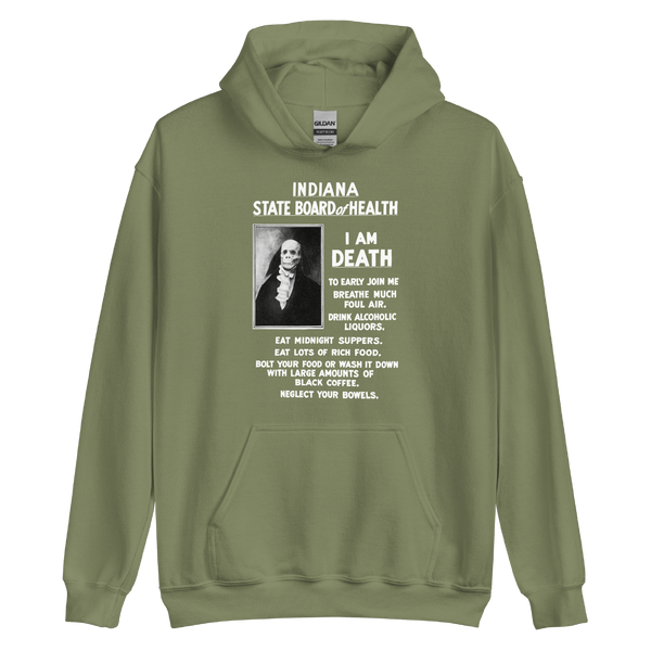 A mockup of the I am Death Indiana Board of Health Hoodie