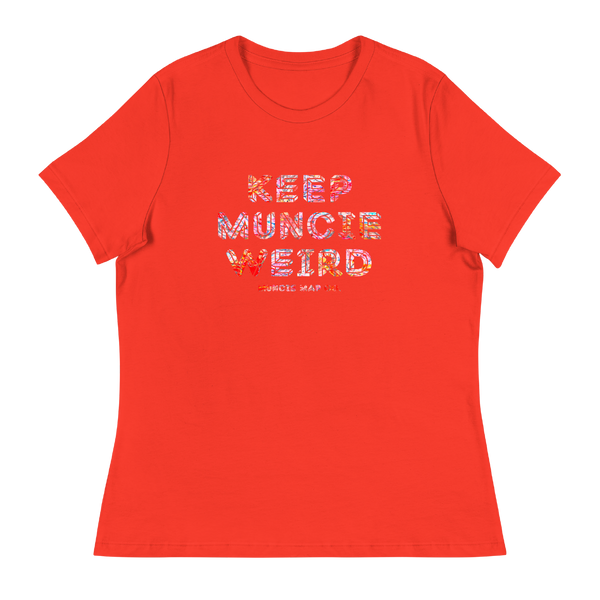 A mockup of the Keep Muncie Weird Murals Pastels Ladies Tee