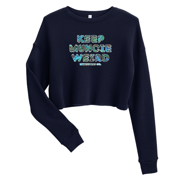 A mockup of the Keep Muncie Weird Murals Frost Ladies Cropped Crewneck