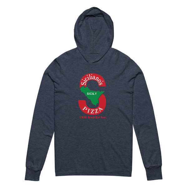 A mockup of the Siciliano's Pizza Hooded Tee
