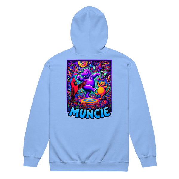 A mockup of the Trippy Muncie Blacklight Poster Zipping Hoodie