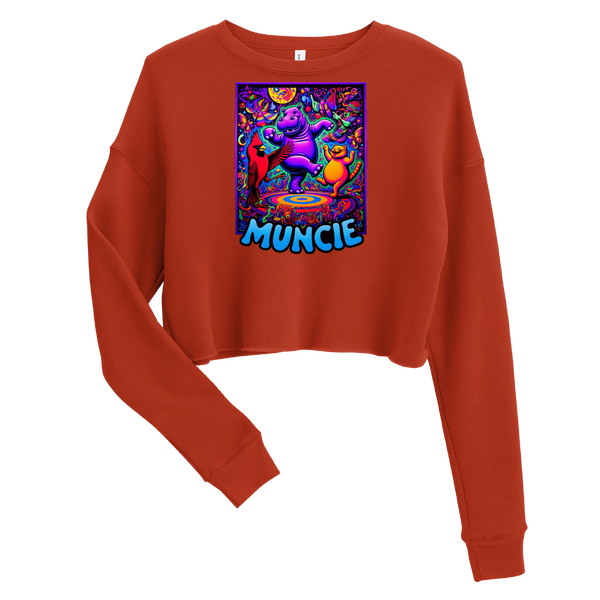 A mockup of the Trippy Muncie Blacklight Poster Ladies Cropped Crewneck