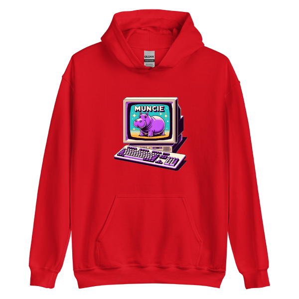 A mockup of the IBM Compatible Purple Hippo Muncie Hoodie