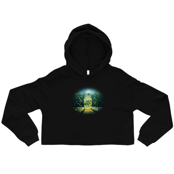 A mockup of the Summer Cornfield Muncie Firefly Jar Ladies Cropped Hoodie