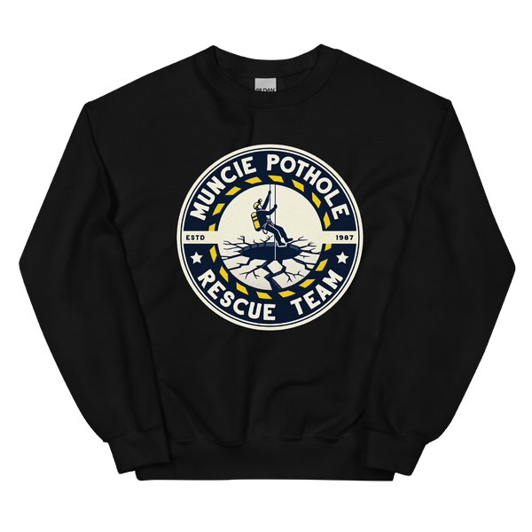 A mockup of the Pothole Rescue Crew Muncie Crewneck