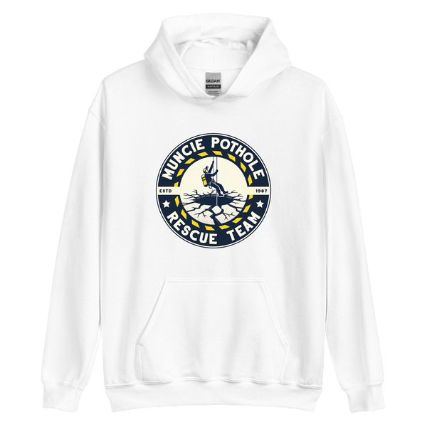 A mockup of the Pothole Rescue Crew Muncie Hoodie