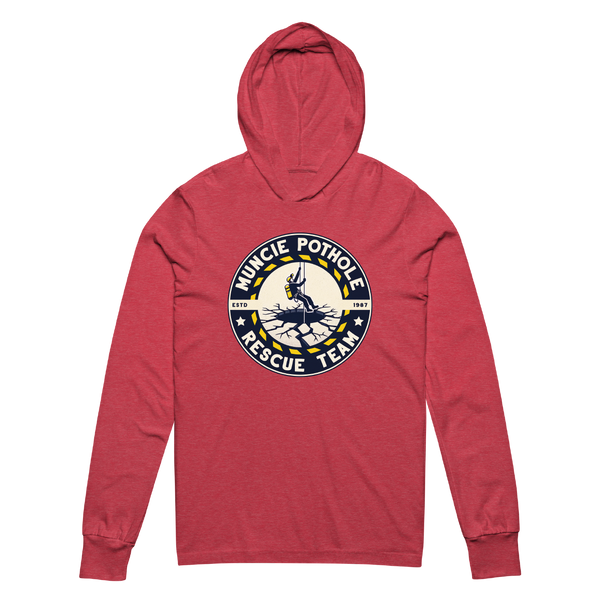 A mockup of the Pothole Rescue Crew Muncie Hooded Tee