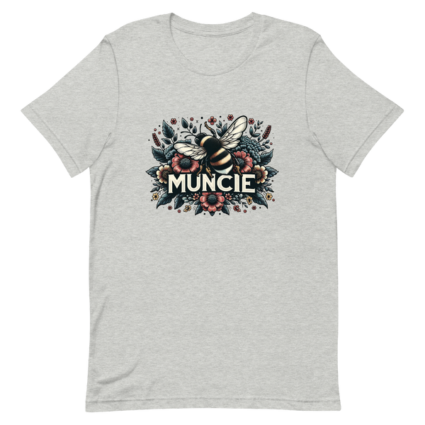 A mockup of the Honeybee Bouquet Muncie T-Shirt