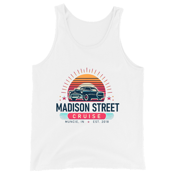 A mockup of the Madison Street Cruise Sunset Tank Top