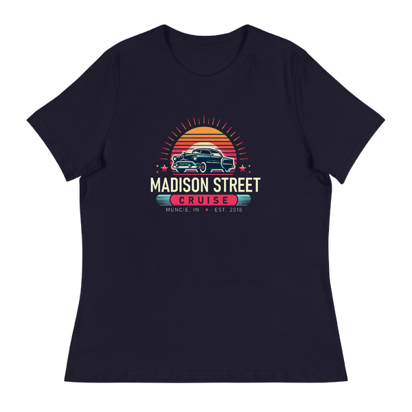 A mockup of the Madison Street Cruise Sunset Ladies Tee