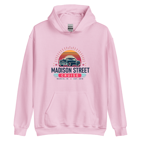 A mockup of the Madison Street Cruise Sunset Hoodie