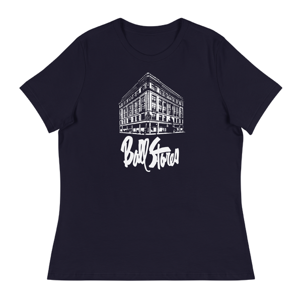 A mockup of the Ball Stores Later Logo with Building Ladies Tee