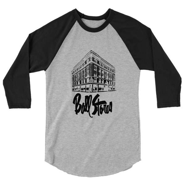 A mockup of the Ball Stores Later Logo with Building Raglan 3/4 Sleeve
