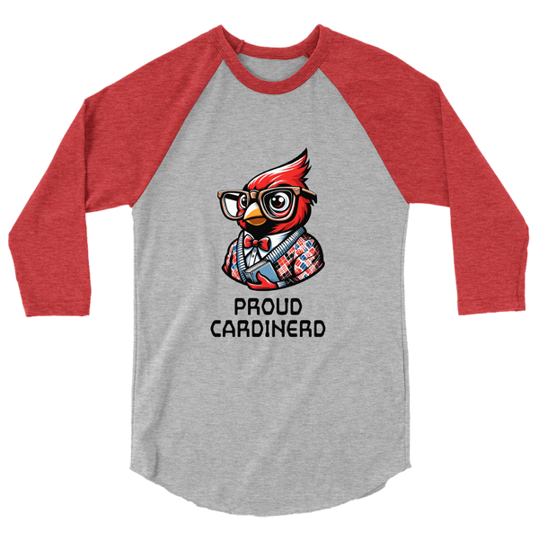 A mockup of the Cardinerd Cardinal Nerd Raglan 3/4 Sleeve