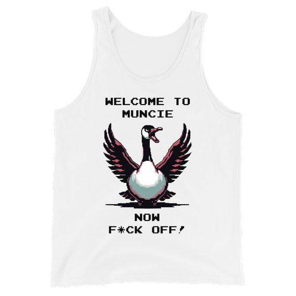 A mockup of the Welcome to Muncie Goose Tank Top