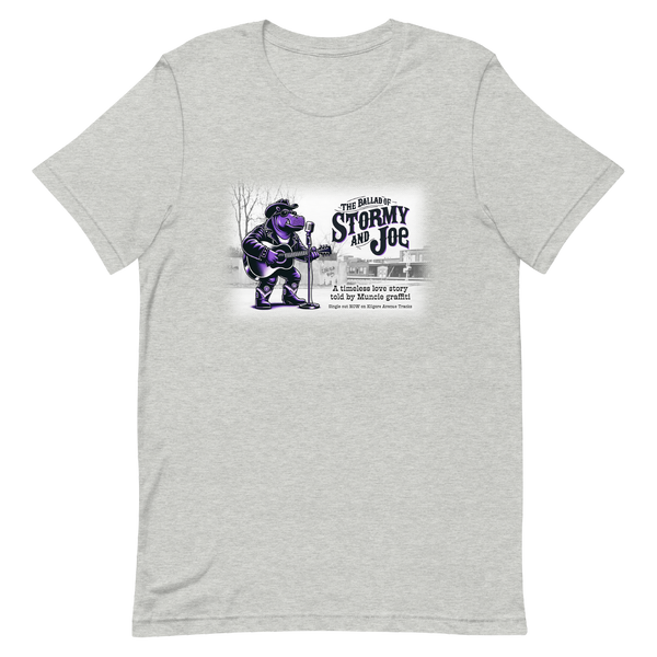 A mockup of the Ballad of Stormy and Joe Muncie Graffiti Love Story T-Shirt
