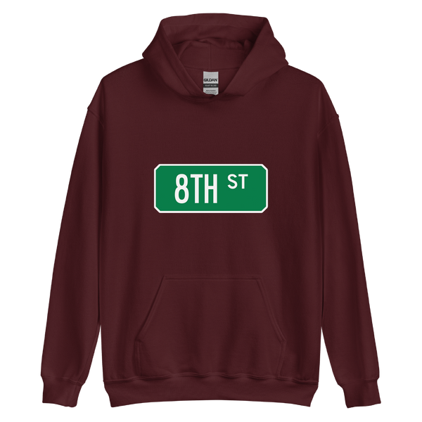 A mockup of the 8th St Street Sign Muncie Hoodie