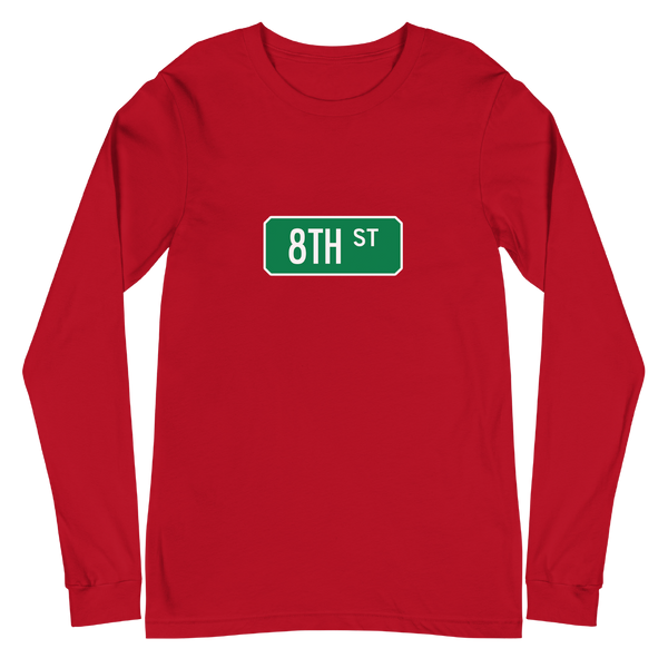 A mockup of the 8th St Street Sign Muncie Long Sleeve Tee